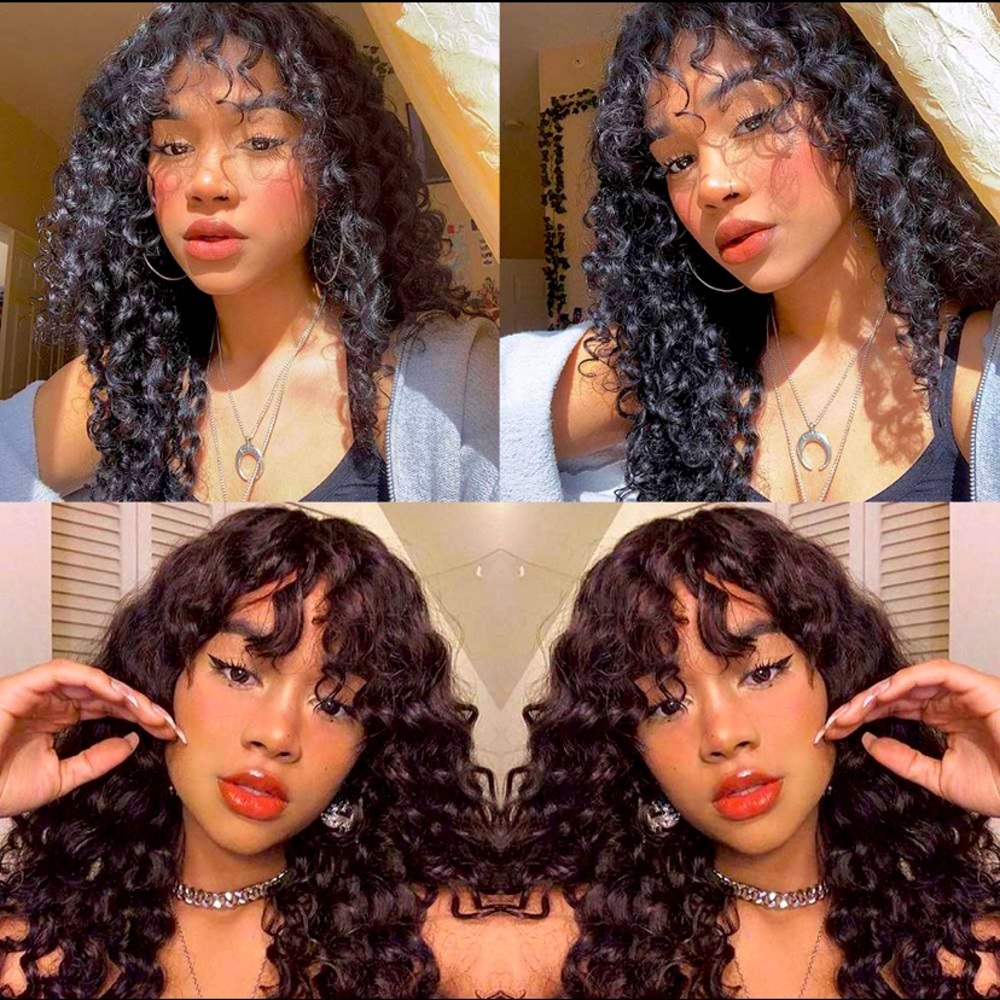 Human Hair Water Wave Wig with Bangs